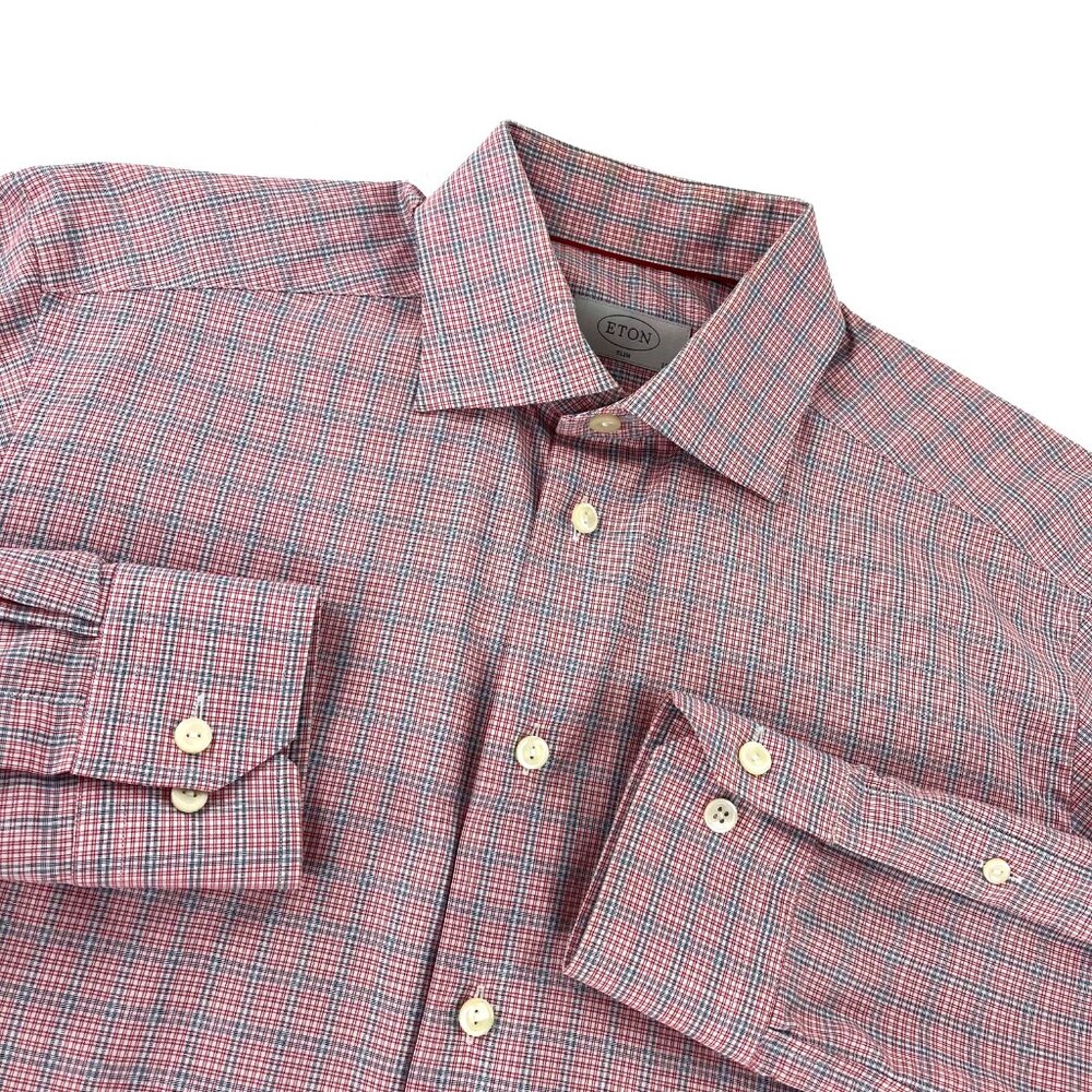 Eton Slim Dress Mens Shirt Red White Blue Checkered Long Sleeve Sweden